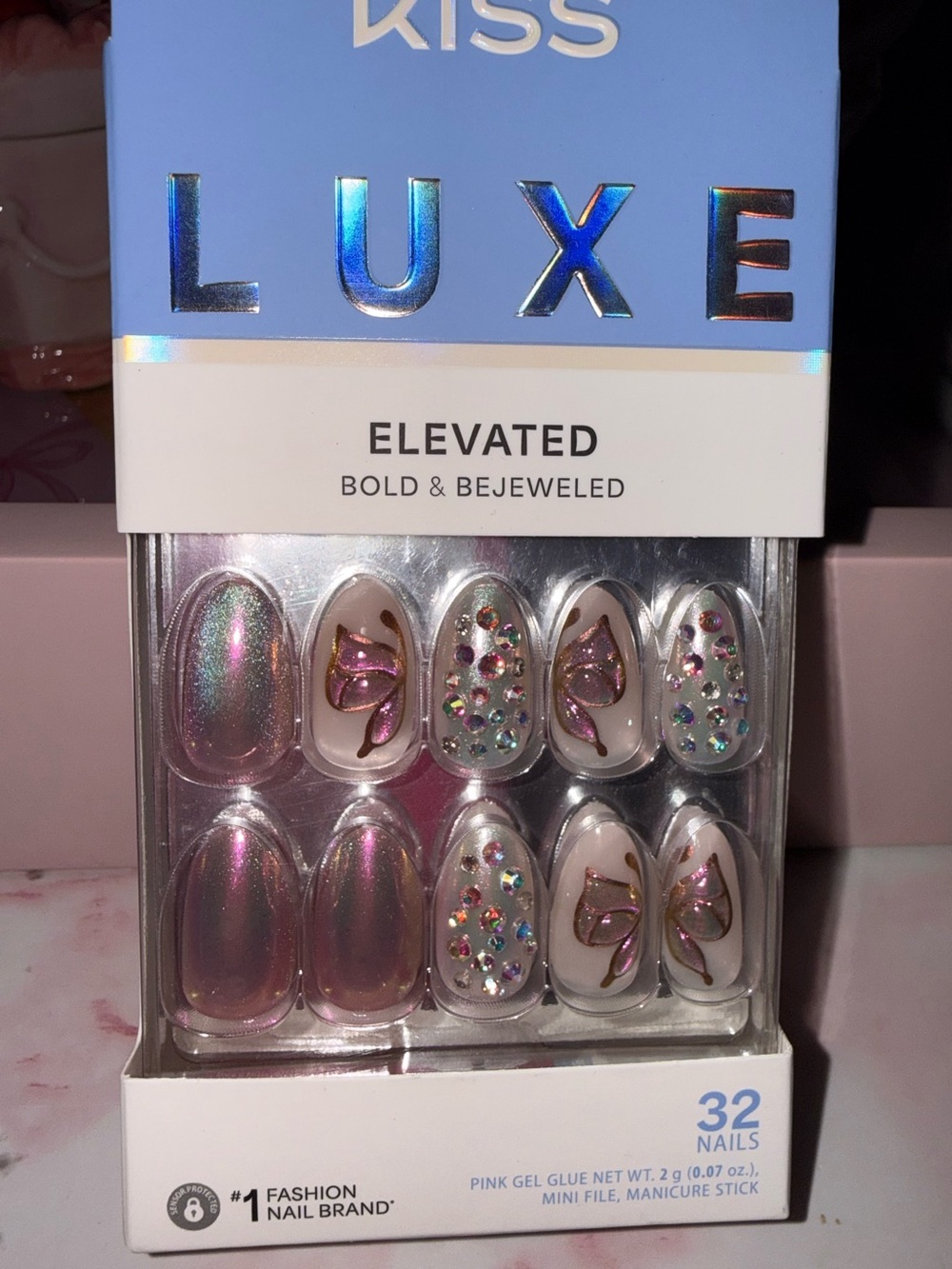 Kiss Luxe Pink Iridescent with Butterfly Accent & Rhinestone Press-On Nails